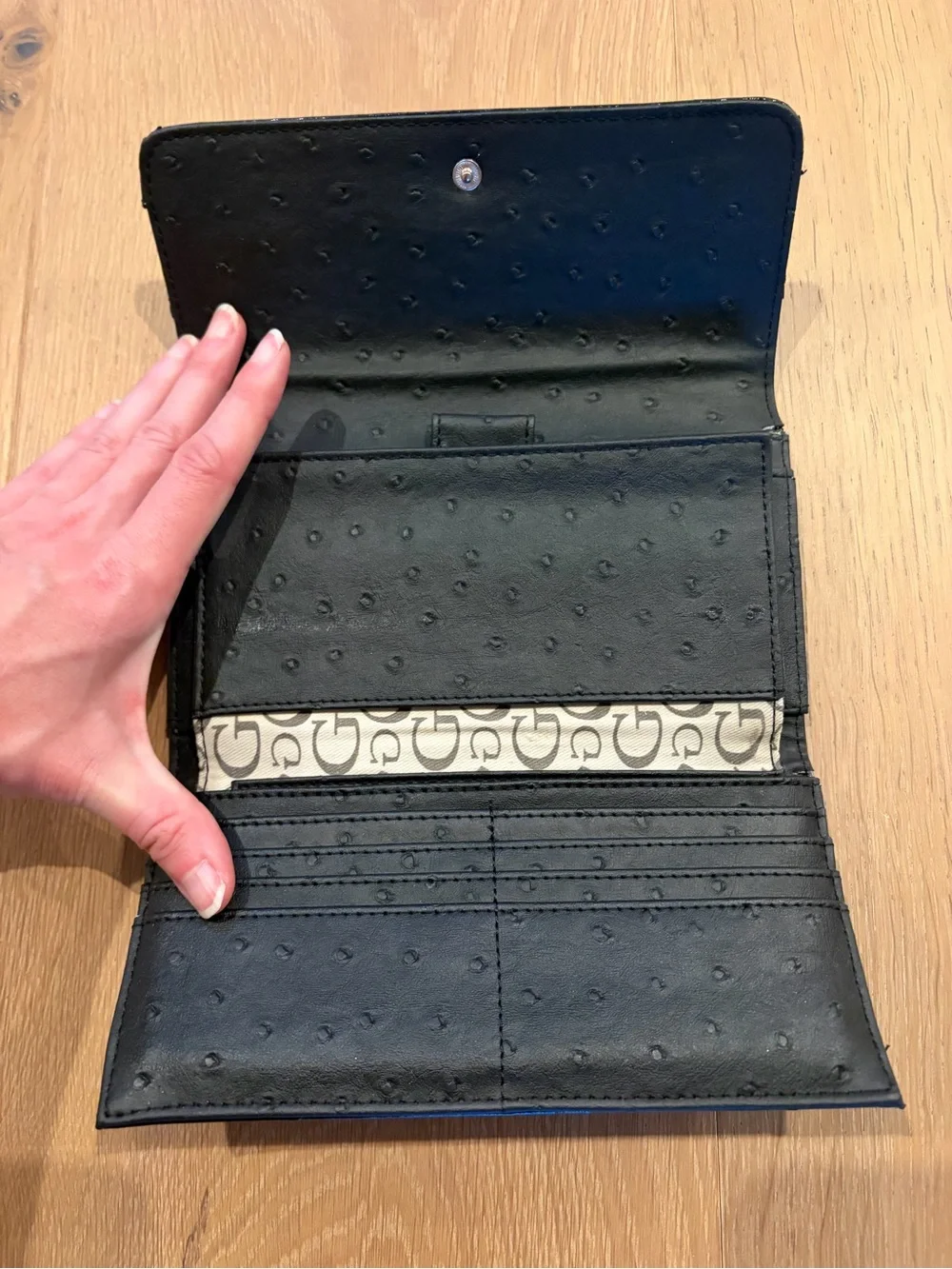 Guess Black Patent Trifold Clutch Wallet with Silver Crystal Logo